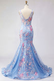 Mermaid Blue Floral V Neck Corset Long Ball Dress