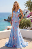 Mermaid Blue Floral V Neck Corset Long Ball Dress