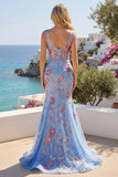Mermaid Blue Floral V Neck Corset Long Ball Dress