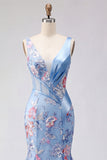 Mermaid Blue Floral V Neck Corset Long Ball Dress