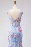 Mermaid Blue Floral V Neck Corset Long Ball Dress