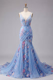 Blue Mermaid Floral Spaghetti Straps V Neck Long Ball Dress