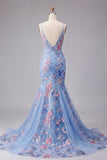 Blue Mermaid Floral Spaghetti Straps V Neck Long Ball Dress
