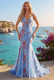 Blue Mermaid Floral Spaghetti Straps V Neck Long Ball Dress
