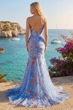 Blue Mermaid Floral Spaghetti Straps V Neck Long Ball Dress