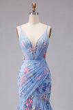 Blue Mermaid Floral Spaghetti Straps V Neck Long Ball Dress