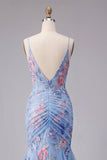 Blue Mermaid Floral Spaghetti Straps V Neck Long Ball Dress
