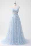 Blue A Line Sequin Corset Appliqued Long Ball Dress