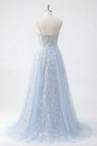 Blue A Line Sequin Corset Appliqued Long Ball Dress
