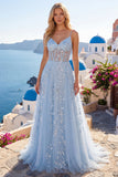 Blue A Line Sequin Corset Appliqued Long Ball Dress