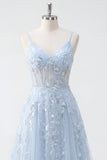 Blue A Line Sequin Corset Appliqued Long Ball Dress
