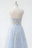 Blue A Line Sequin Corset Appliqued Long Ball Dress