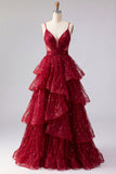 Sparkly Burgundy Spaghetti Straps A Line Long Beaded Ball Dress with Ruffles