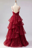 Sparkly Burgundy Spaghetti Straps A Line Long Beaded Ball Dress with Ruffles