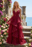 Sparkly Burgundy Spaghetti Straps A Line Long Beaded Ball Dress with Ruffles