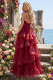 Sparkly Burgundy Spaghetti Straps A Line Long Beaded Ball Dress with Ruffles
