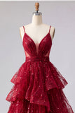 Sparkly Burgundy Spaghetti Straps A Line Long Beaded Ball Dress with Ruffles