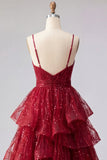 Sparkly Burgundy Spaghetti Straps A Line Long Beaded Ball Dress with Ruffles