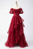Sparkly Burgundy Puff Sleeves A Line Beaded Long Corset Ball Dress with Ruffles