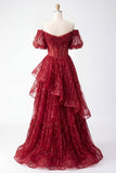 Sparkly Burgundy Puff Sleeves A Line Beaded Long Corset Ball Dress with Ruffles