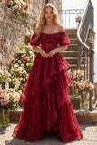 Sparkly Burgundy Puff Sleeves A Line Beaded Long Corset Ball Dress with Ruffles