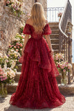 Sparkly Burgundy Puff Sleeves A Line Beaded Long Corset Ball Dress with Ruffles