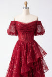 Sparkly Burgundy Puff Sleeves A Line Beaded Long Corset Ball Dress with Ruffles