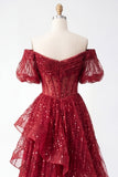 Sparkly Burgundy Puff Sleeves A Line Beaded Long Corset Ball Dress with Ruffles