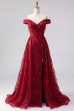 Sparkly Burgundy Off the Shoulder A Line Beaded Long Ball Dress with Cape
