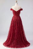 Sparkly Burgundy Off the Shoulder A Line Beaded Long Ball Dress with Cape