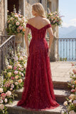 Sparkly Burgundy Off the Shoulder A Line Beaded Long Ball Dress with Cape