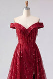 Sparkly Burgundy Off the Shoulder A Line Beaded Long Ball Dress with Cape