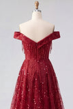 Sparkly Burgundy Off the Shoulder A Line Beaded Long Ball Dress with Cape