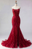 Sparkly Burgundy Mermaid Long Beaded Ball Dress with Slit