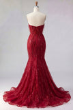 Sparkly Burgundy Mermaid Long Beaded Ball Dress with Slit
