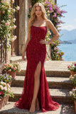 Sparkly Burgundy Mermaid Long Beaded Ball Dress with Slit