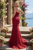 Sparkly Burgundy Mermaid Long Beaded Ball Dress with Slit