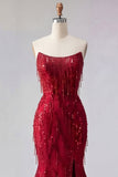Sparkly Burgundy Mermaid Long Beaded Ball Dress with Slit