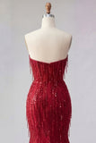 Sparkly Burgundy Mermaid Long Beaded Ball Dress with Slit