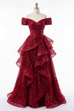 Sparkly Burgundy Off the Shoulder Sequin Ruched Long Ball Dress with Ruffles