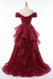 Sparkly Burgundy Off the Shoulder Sequin Ruched Long Ball Dress with Ruffles