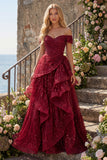 Sparkly Burgundy Off the Shoulder Sequin Ruched Long Ball Dress with Ruffles