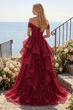 Sparkly Burgundy Off the Shoulder Sequin Ruched Long Ball Dress with Ruffles