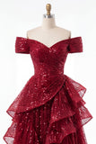 Sparkly Burgundy Off the Shoulder Sequin Ruched Long Ball Dress with Ruffles