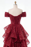 Sparkly Burgundy Off the Shoulder Sequin Ruched Long Ball Dress with Ruffles