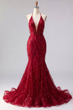 Sparkly Burgundy Halter Backless Mermaid Long Beaded Ball Dress with Fringes
