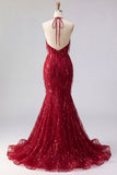 Sparkly Burgundy Halter Backless Mermaid Long Beaded Ball Dress with Fringes