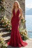 Sparkly Burgundy Halter Backless Mermaid Long Beaded Ball Dress with Fringes