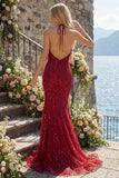 Sparkly Burgundy Halter Backless Mermaid Long Beaded Ball Dress with Fringes