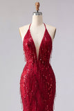 Sparkly Burgundy Halter Backless Mermaid Long Beaded Ball Dress with Fringes